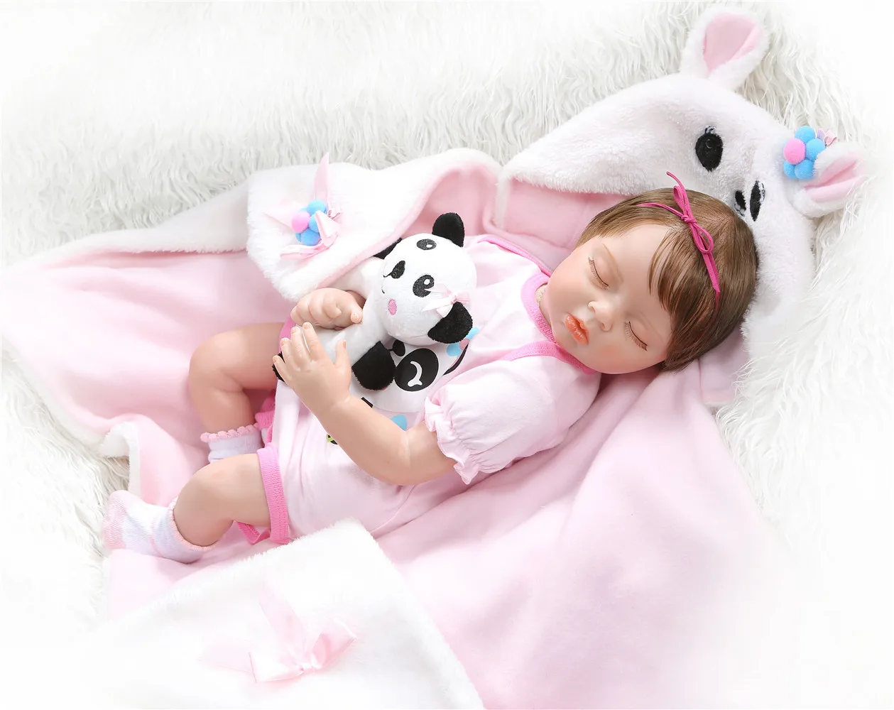 NPK 55 см новорожденная кукла bebe realitic reborn Спящая кукла для маленькой девочки мягкое утяжеленное тело волосы в платье с пандами