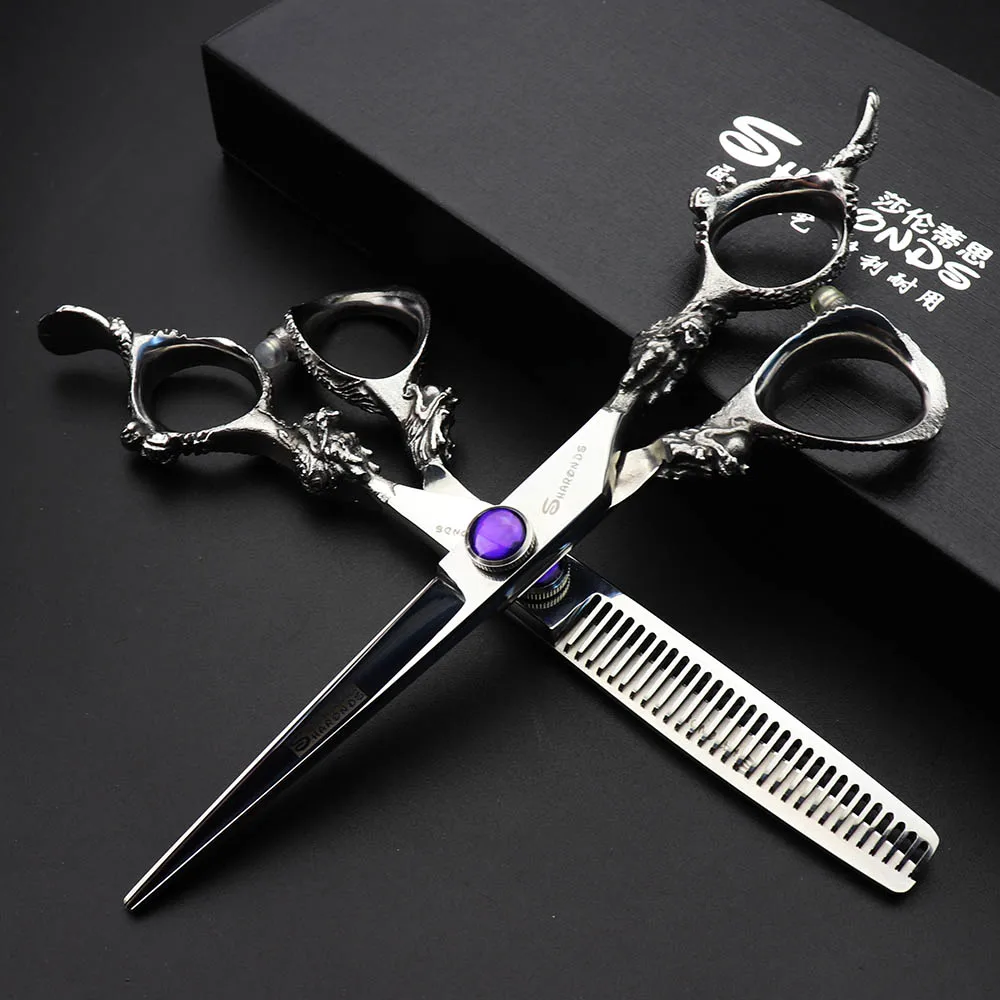 6inchSilver set Japan440c Профессиональный Парикмахерские ножницы Дракон ручка Ножницы 5,5/6/7 дюймов Парикмахерская магазинные ножницы инструмент - Цвет: 6inchSilver set