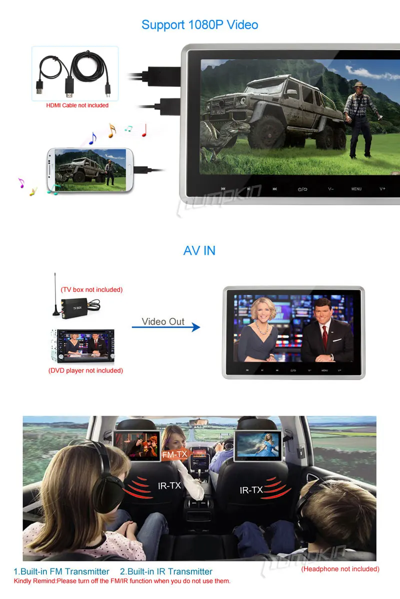 Тыква 10 дюймов dvd-плеер подголовник HD цифровой TFT Мониторы сенсорная кнопка с HDMI