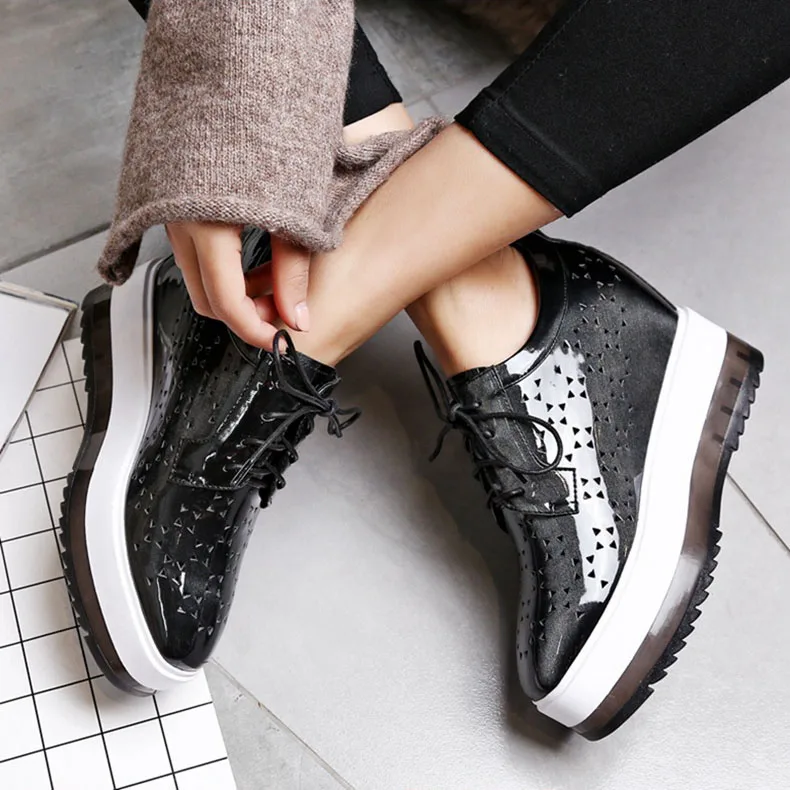 Hidden Heel Platform Shoes Women Square Toe Lace-Up Green Black Patent Leather Thick Soled Woman 2017 Spring New All Match | Обувь
