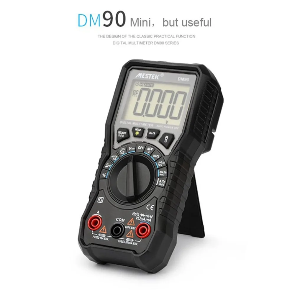 MESTEK DM90 Mini Digital Multimeter Auto Range True RMS AC/DC Volt Amp Ohm Capacitance Frequency Duty Cycle Continuity Tester |