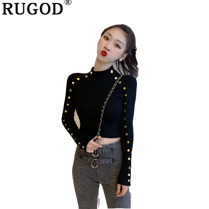 Женская рубашка с заклепками RUGOD черная короткая блузка длинным рукавом весна