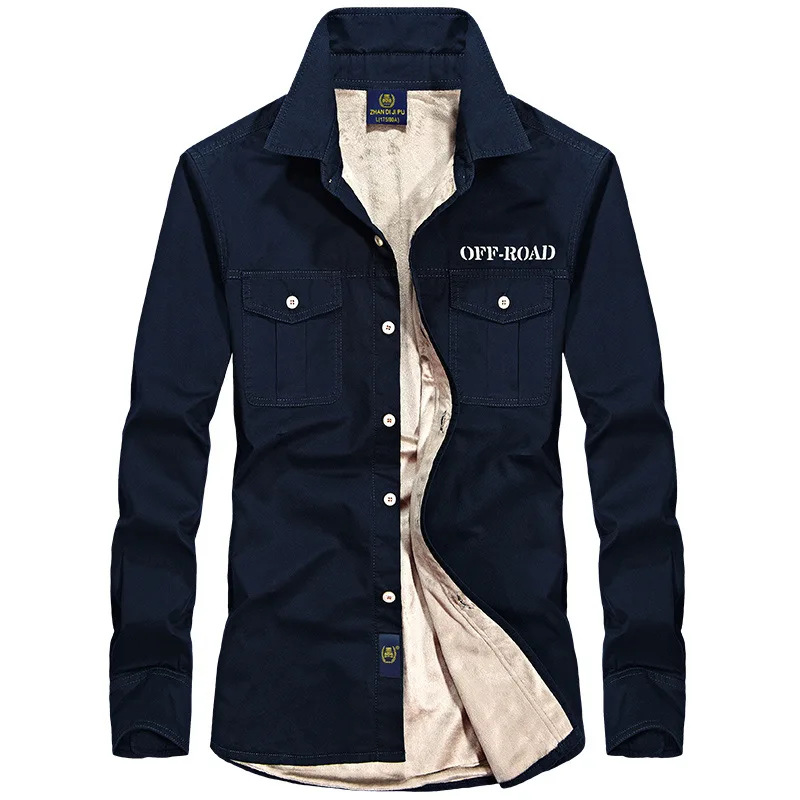 Navy Fleece Зимние теплые Военные рубашки для мужчин с длинным рукавом Осень Зима Повседневное пальто фланелевые плотные рубашки флисовые мужские весенние хлопковые рубашки - Цвет: Navy Fleece