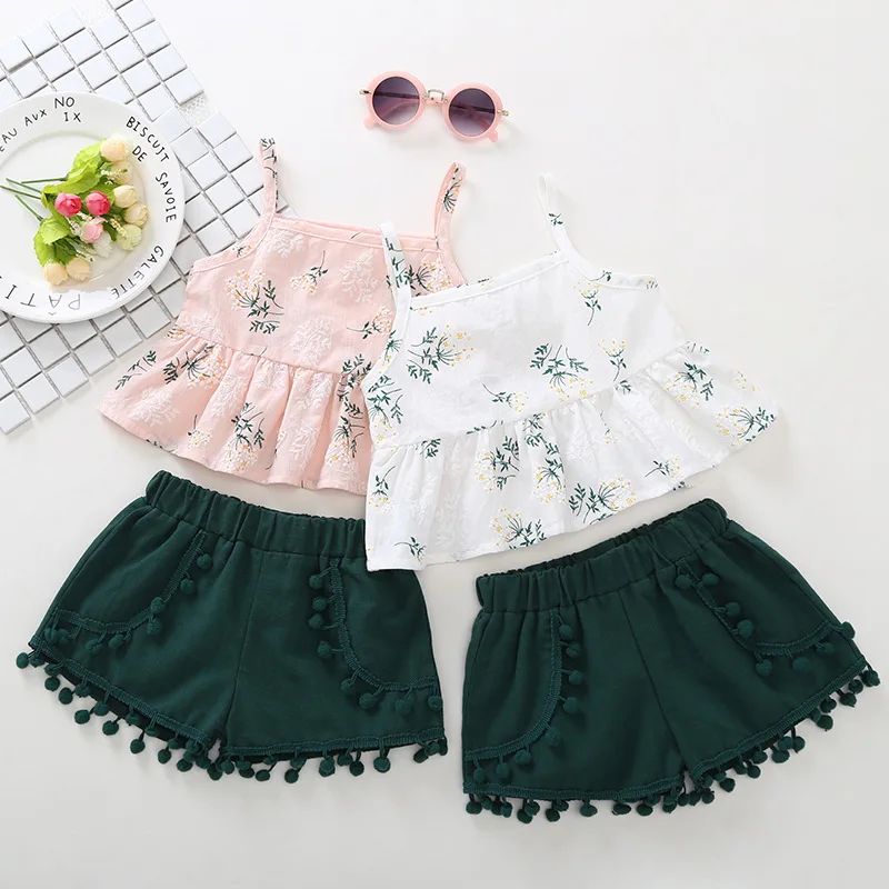 

Floral cotton tops bubbles shorts baby girl clothing set for summer