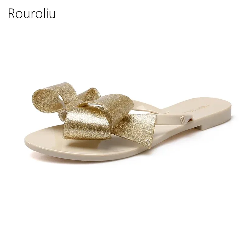 

Rouroliu Women Summer Flip Flops Sweet Bowknot Casual Shoes Slippers Outside Crystal Jelly Shoes Beach Sandals FR106