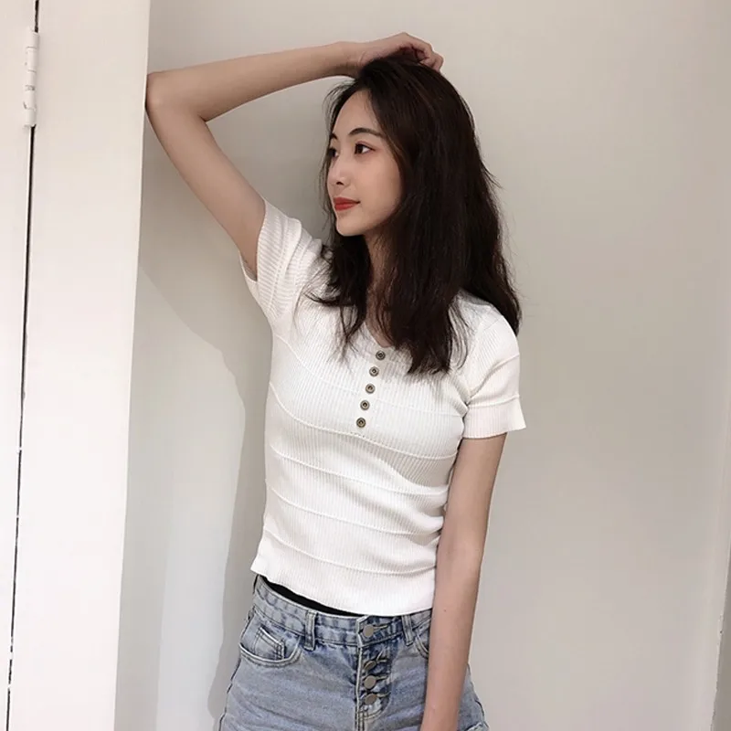 Женский трикотажный однотонный топ модный с V-образным вырезом и коротким