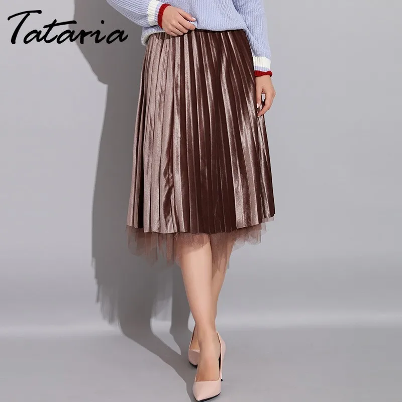 Tataria high Waist Long Tutu Skirt Women Pleated Skirts Women's Winter Autumn Brown For Elegant Midi | Женская одежда