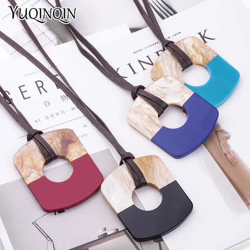

Vintage Fashion Acrylic Necklaces for Women 2018 Statement With Big Resin Pendant Long Leather Chains Blue Necklace Gift Jewelry