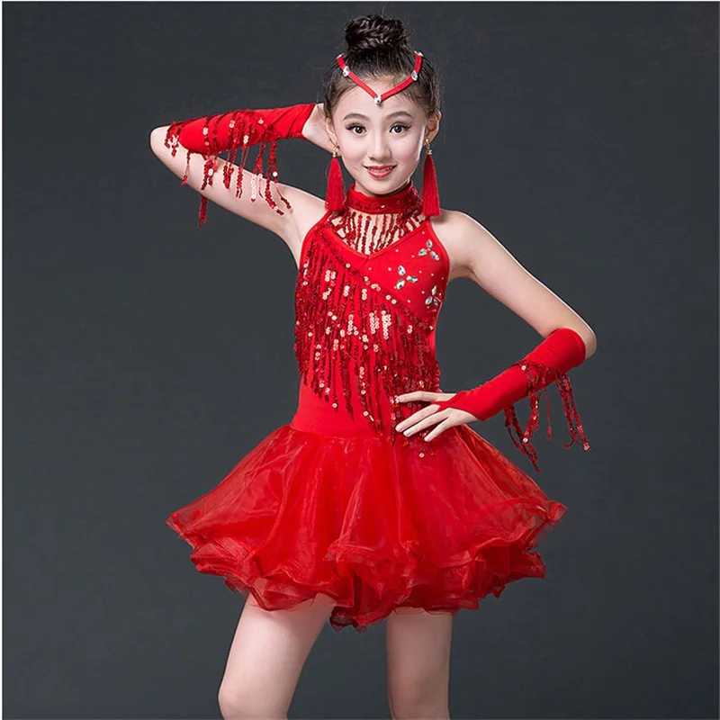 

Sequins Stage Tassel Competition Latin Dance Dress For Girls Dress Gymnastics Practice Dancing Dress Girl Dancewear Kids