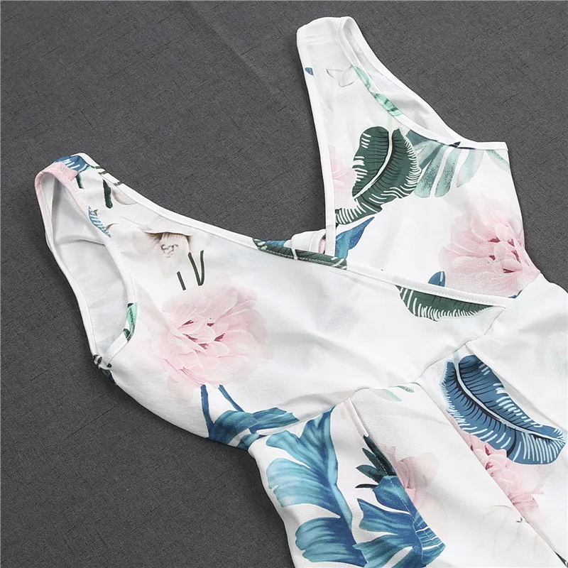 Модный женский комбинезон Boho, длинный, макси, вечерний комбинезон с цветочным принтом, сарафан, полый бант, v-образный вырез, женский комбинезон