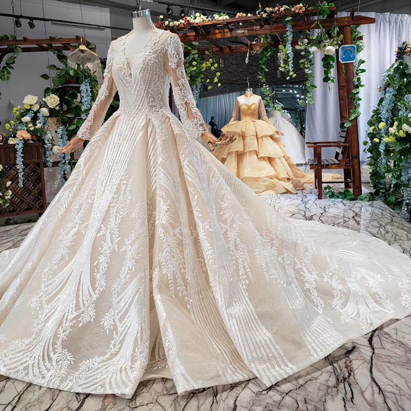 HTL584 Роскошная свадебная одежда 2019 блестками v образный вырез легкий кремовый