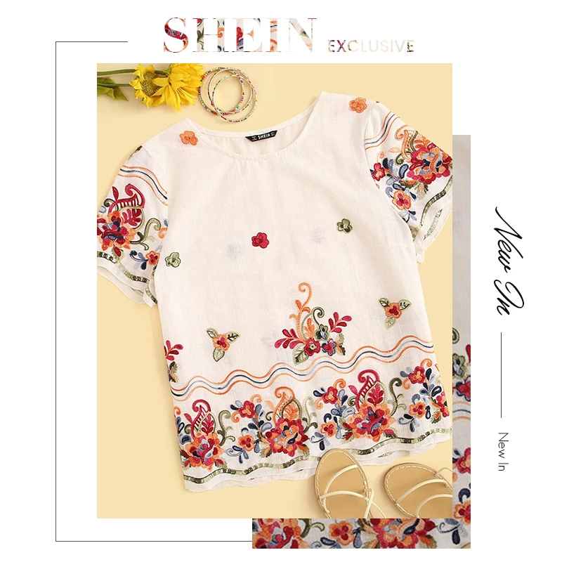 SHEIN белая блузка с цветочной вышивкой, Женские топы и блузки, Boho, хлопковая блуза с круглым вырезом и коротким рукавом,, женские топы