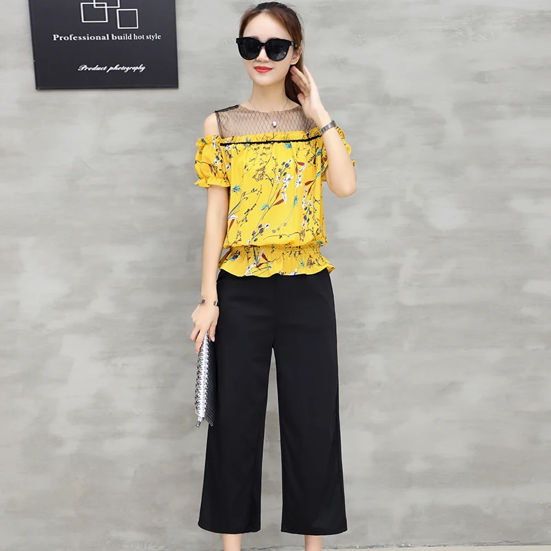 Summer wear new short-sleeved floral chiffon top blouse &amp black pants casual suit women wide-legged trousers outfit leisure |
