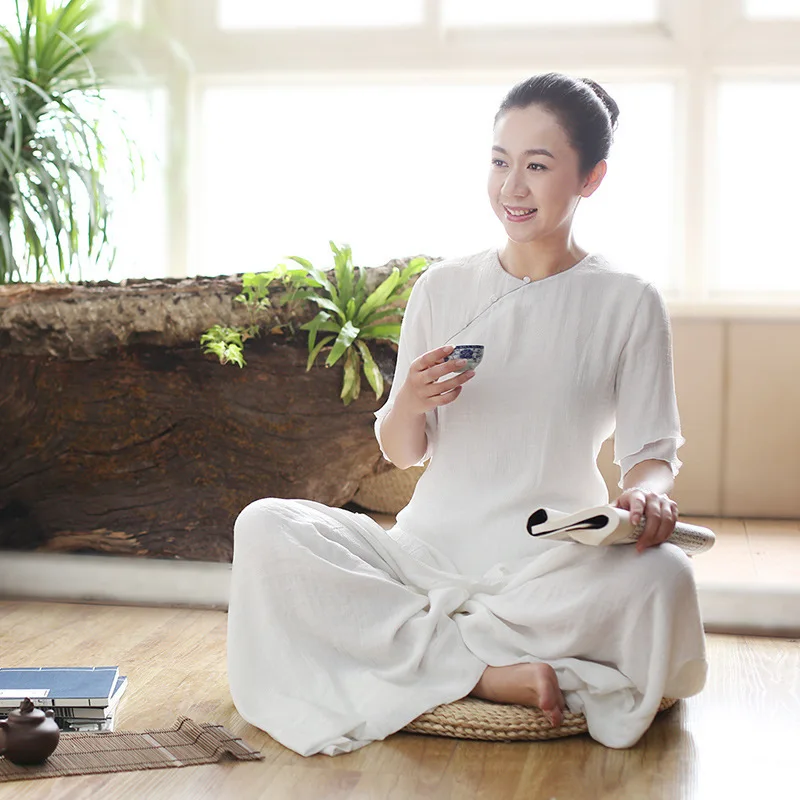 Женский белый костюм Будды весенне летний в китайском стиле|Топы| |