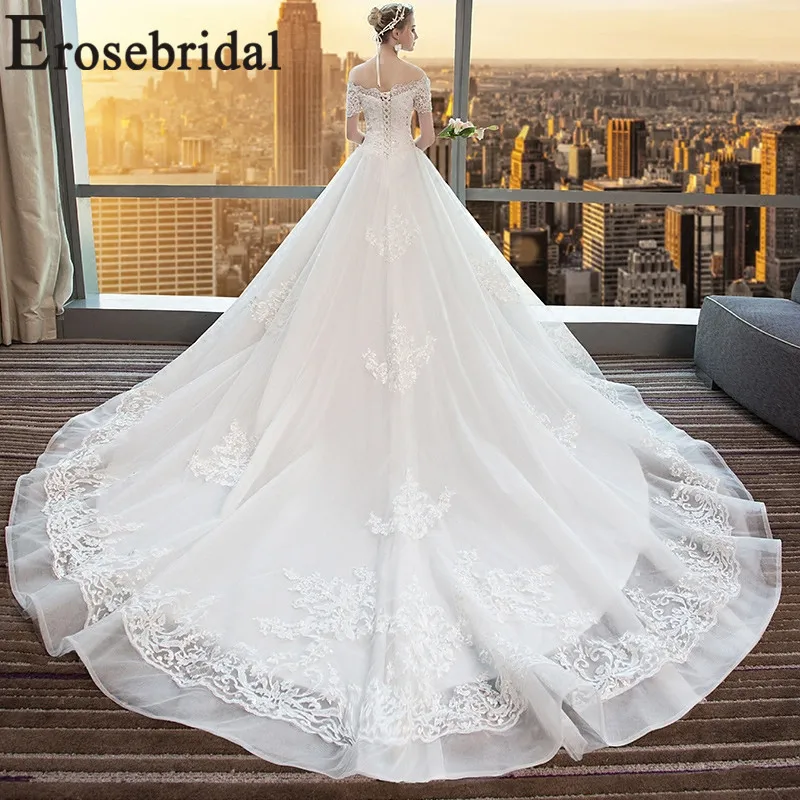 Erosebridal Элегантное свадебное платье, кружевное свадебное платье с длинным шлейфом и коротким рукавом, лиф, дизайн с бисером Vestido De Noiva