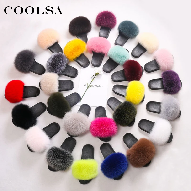 

Coolsa Luxury Women Real Fox Fur Sandals Fox Hair Fur Slides Rubber Flat Non-slip Casual Home Slipper Soft Lady Large Size Shoes