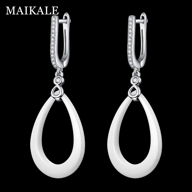 MAIKALE, новые модные черно-белые керамические Висячие серьги для женщин, Овальный Круглый Цирконий, золотые серебряные серьги-подвески ювелирные изделия, подарки