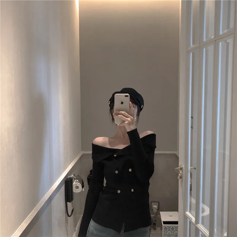Korean Style Off Shoulder Top Fashion Long Sleeve Sweaters 2018 Women Clothes Double Breasted Elegant Strapless Knitted Cardigan |