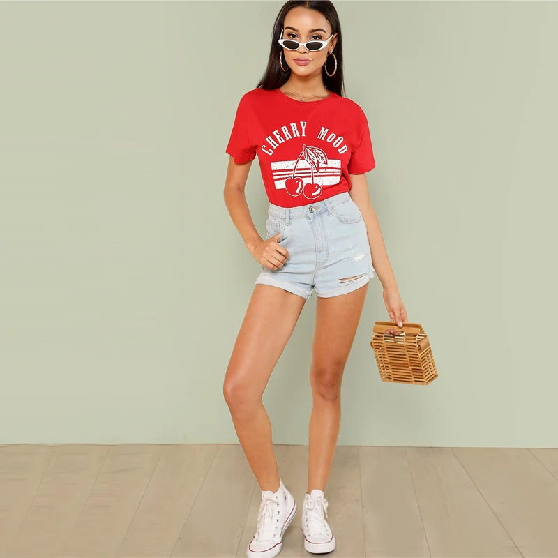 SweatyRocks неоновая Красная футболка с буквенным принтом Уличная Повседневная Женская футболка с коротким рукавом и топы летняя модная базовая футболка