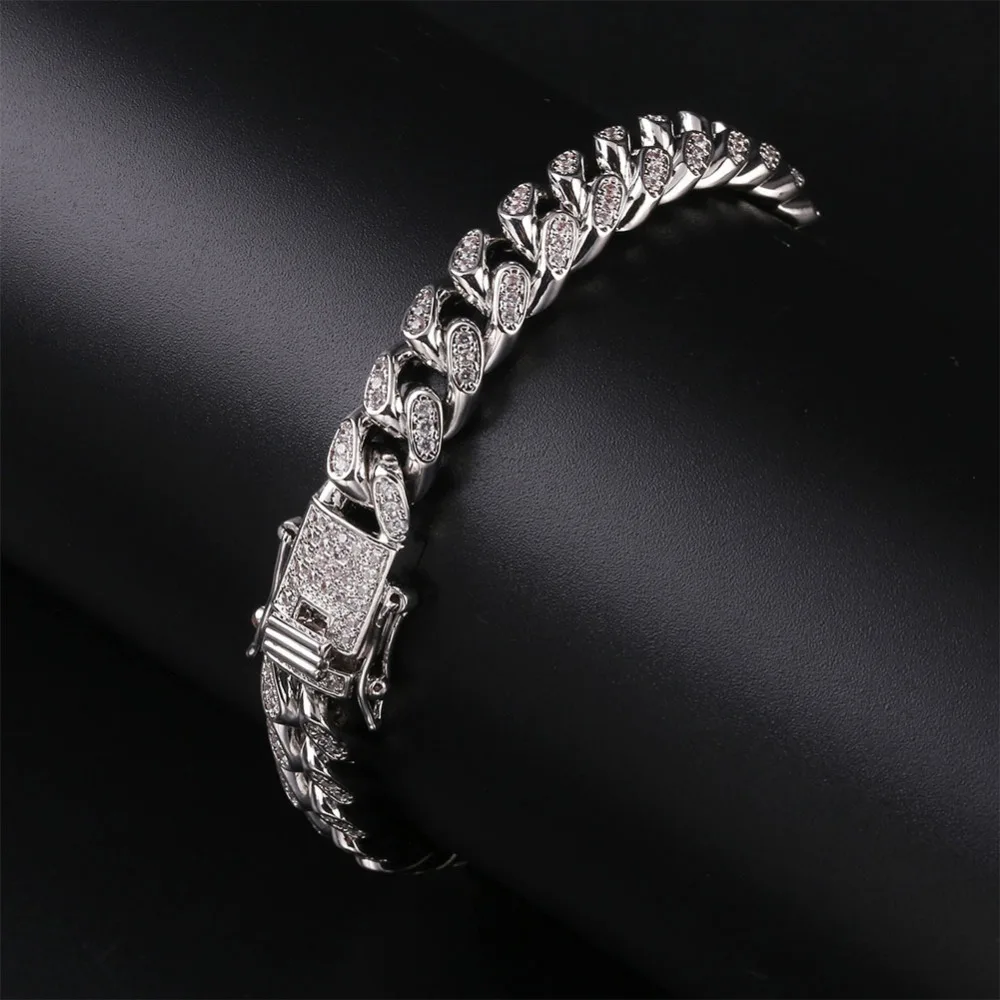 Хип-хоп отделка цирконами aaa Bling Iced Out CZ браслеты золотого, серебряного цвета кубинские ювелирные украшения с цепочкой Прямая