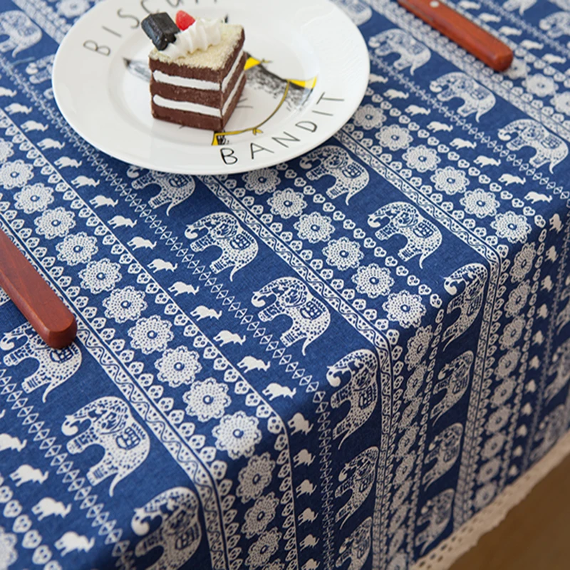 Скатерть из чистого льна кофейная чайная синяя с изображением слона для дома