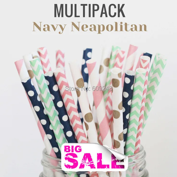 

125pcs Mixed Colors NAVY NEAPOLITAN Themed Paper Drinking Straws, Deep Blue and Gold Polka Dot, Pink Mint Striped Chevron