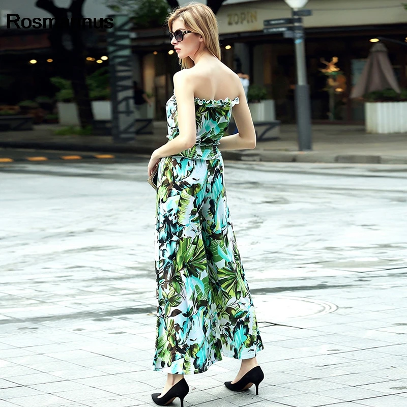 Гофрированный лист печати без бретелек сексуальный комбинезон Boho зеленый
