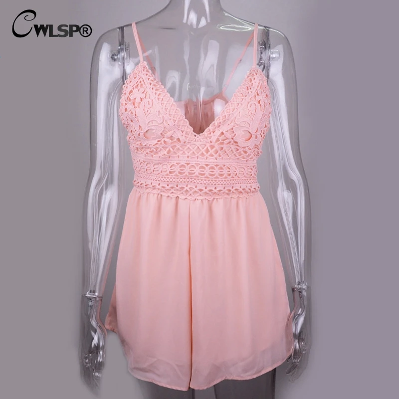 Женский пляжный короткий комбинезон CWLSP белый розовый кружевной с бантом и