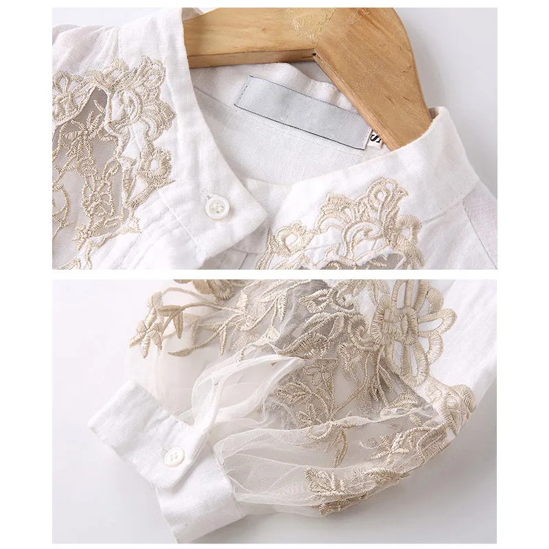 

Willstage New 2019 Spring Blouse Women Floral Embroidery Long Sleeve Shirts Mesh Hollow out Office ladies OL Work Wear Black Top