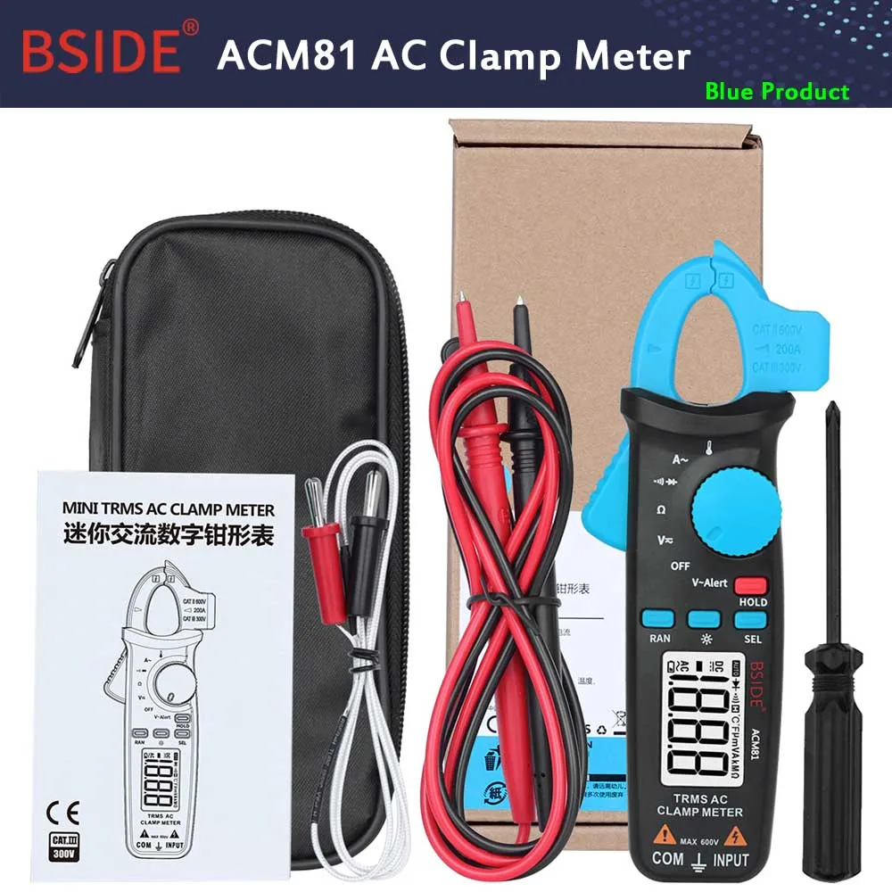 ACM81-Blue BSIDE ACM81 TRMS Токоизмерительные клещи, точность 1 мА, автоматический Звонок, цифровой мультиметр, ток, напряжение постоянного тока, переменного тока, Ом, диод, НТС, тестер температуры - Цвет: ACM81-Blue
