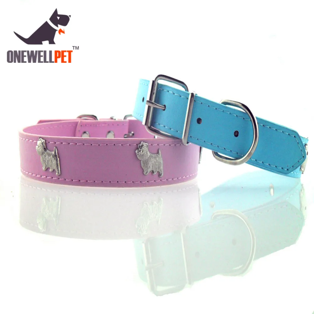 

Onewellpet Brand Quality PU Collar With Decoration Of Metal Dog And Two Colors For Chihuahua And Other Small To Large Pet Dogs