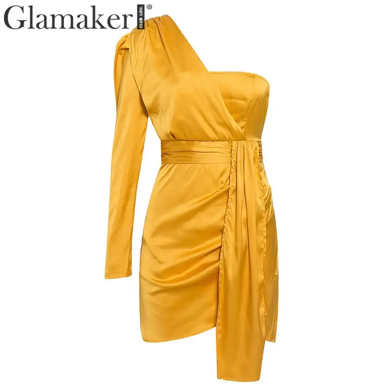 Женское атласное платье на одно плечо Glamaker элегантное винтажное короткое
