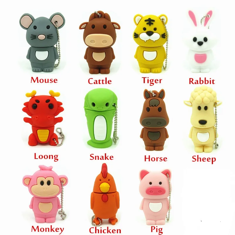 

cartoon 11 styles animal USB Flash Drive rabbit/horse/monkey pen drive Memory Stick usb key party Gift 128mb 4G 8G 16G 32G 64G