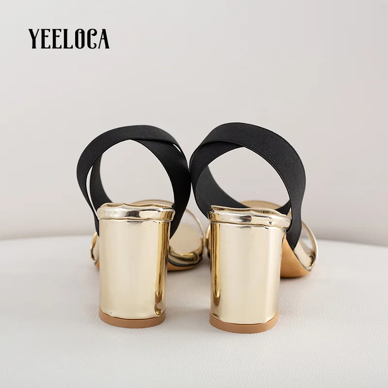Женские босоножки на высоком каблуке YEELOCA золотистые массивном с открытым носком