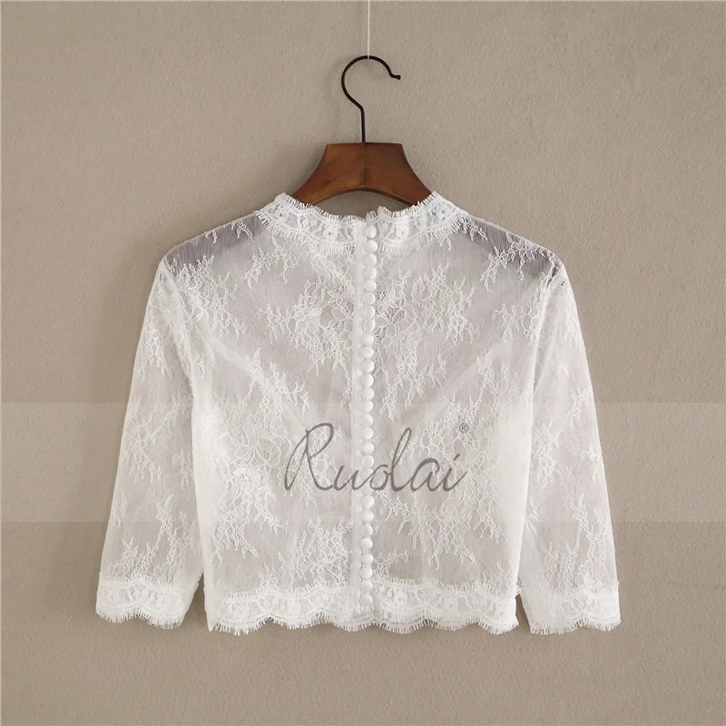 Кружевное свадебное болеро цвета слоновой кости с V образным вырезом и рукавом 3/4