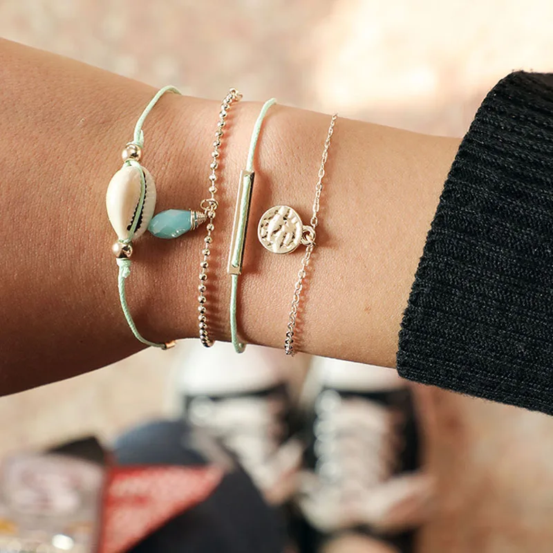 4 шт./компл. пляжные цепочки многослойный браслет Бохо разноцветная ракушка