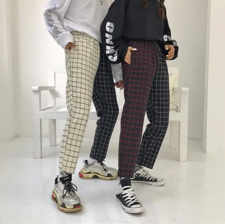 Узкие Ретро клетчатые Лоскутные Повседневные брюки Harajuku с эластичным поясом для