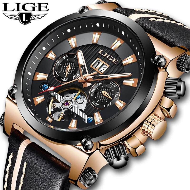 LIGE Роскошные скелетоны Tourbillon спортивные механические часы для мужчин