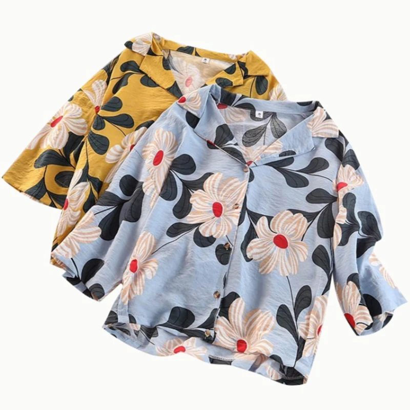 

Women Spring Summer Blouses Vintage Floral Printed Long Sleeve Shirt Turn Down Collar Camisas Femininas Female Casual Tops 4XL