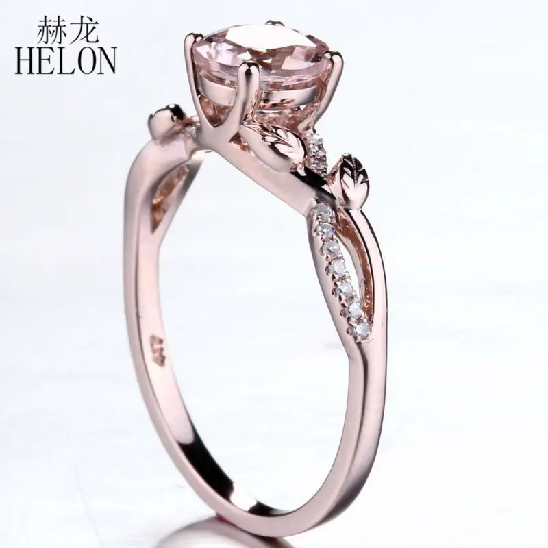 HELON 0.8ct морганит 6 мм Круглый Проложить 0.09ct натуральные бриллианты Перидот Gemtones обручальное женское кольцо Настоящее 10 к розовое золото