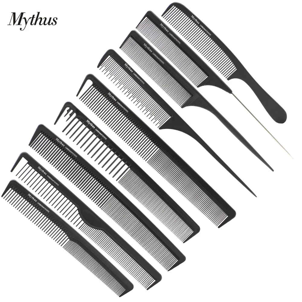 Mythus, 9 шт./лот, Парикмахерская, углеродная расческа, набор, Антистатическая расческа для хвоста, парикмахерская расческа для стрижки волос, термостойкие Инструменты для укладки