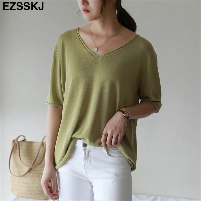 Женская трикотажная футболка большого размера с v образным вырезом Повседневная