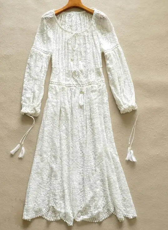 long dress Новая женская мода подиум белый шелк Gossamer гребешок миди платье Кружева Вышивка v-образным вырезом с галстуками кисточками с длинными рукавами - Цвет: long dress