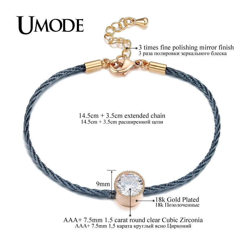 UMODE простой 1.5ct CZ Кристалл Золотой Цвет Пасьянс Веревка Цепи Браслеты для женщин Pulseira Feminina ювелирные браслеты UB0088