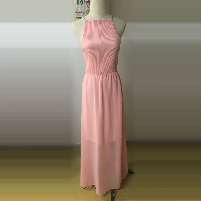 1PC Dress Female Sexy Waist Long Dresses Halter Pleated Sleeveless Spaghetti Strap Chiffon 5 Colors For Women SY2047 | Женская одежда