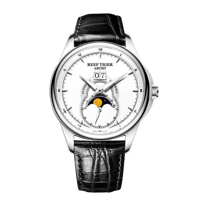 Reef Tiger/RT модные и благородные часы для мужчин механические часы Moon Phase двойное окно Дата Кожаный ремешок Часы RGA1928 - Цвет: RGA1928YWB