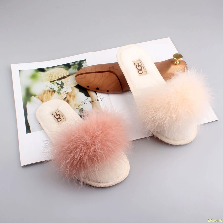 

2020 Hot Women Ostrich Feather Slippers Fluffy Summer Slides Flat Home Flip Flops Fuzzy Casual Party