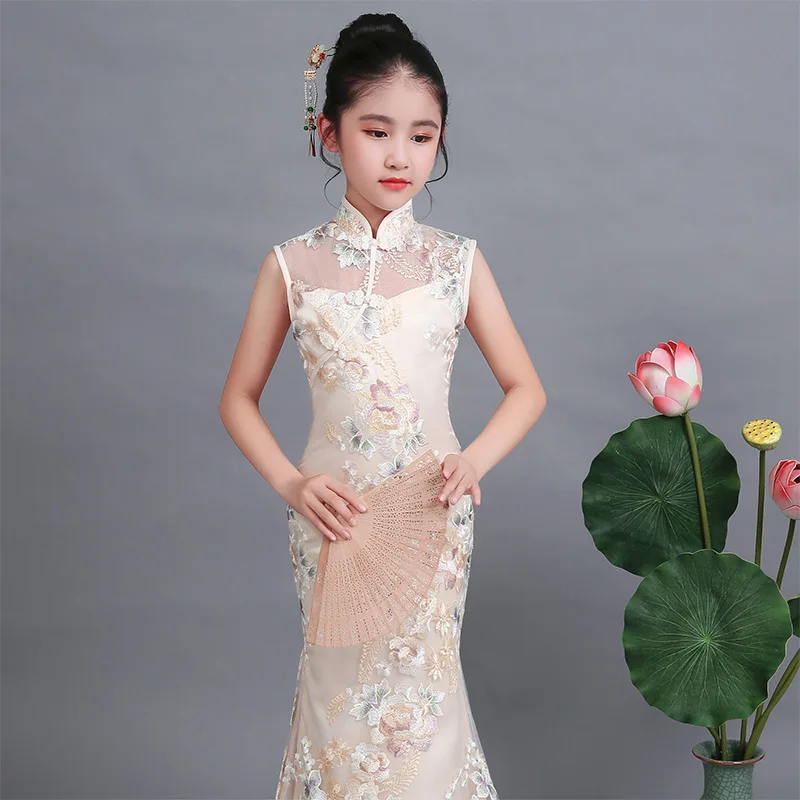 Children qipao long elegant slit dress mermaid fishtail girl cheongsam summer chinese style evening tang suit princess lace kid | Детская