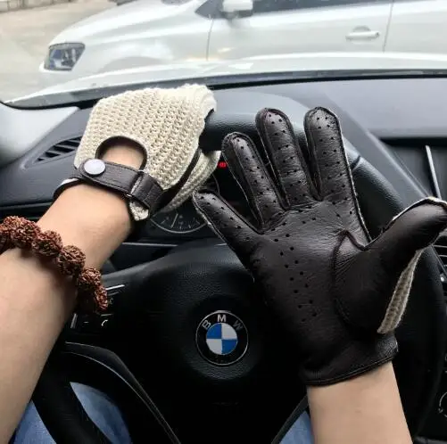 Dark brown Мужские кожаные перчатки из оленьей кожи, новинка, нескользящие перчатки для вождения мотоцикла без подкладки, мужские кожаные варежки - Цвет: Dark brown