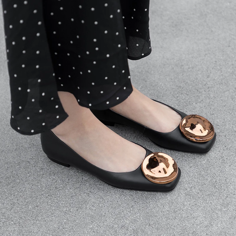 

WETKISS Cow Leather Women Flats Square Toe Footwear Fashion Casual Female Shallow Shoes Metal Decoration Shoes Woman Spring 2019